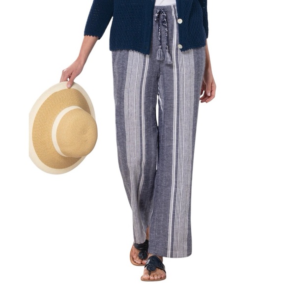 Old Navy Pants - Old Navy Wide Leg Blue White Striped Linen Pants NWT Stretch Waist Size …